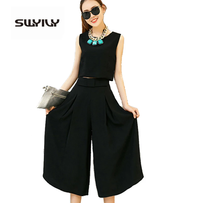 Women Sleeveless Top + Wide-Legged Pants Two-Piece Set Summer 2017 New Suits Female Blouse High Quality Women Sets Plus Size
