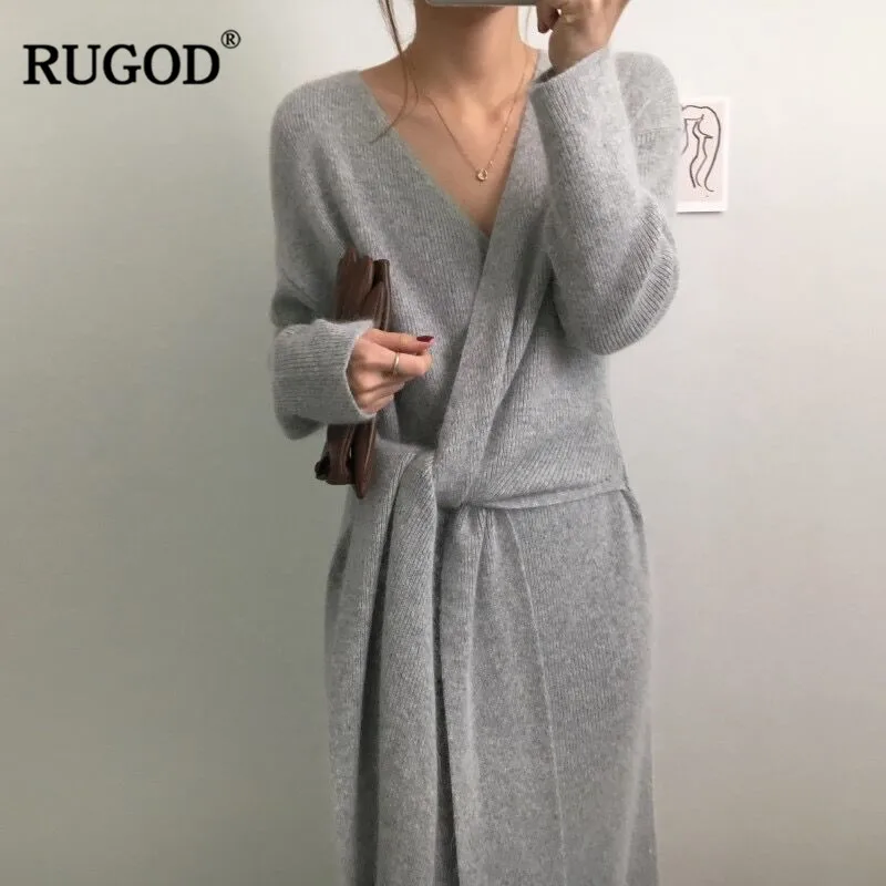 

RUGOD 2019 New Korean Belted Cashmere Sweater Dress Women Fashion Office Lady V Neck Knitted Dress Winter Warm Thick Vestidos