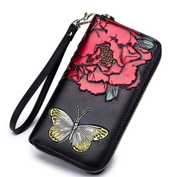 

Women Hand Painted Long FRID Wallets Genuine leather Flower Printing Coin Purse Clutch Wallet Bank Card Phone Holder
