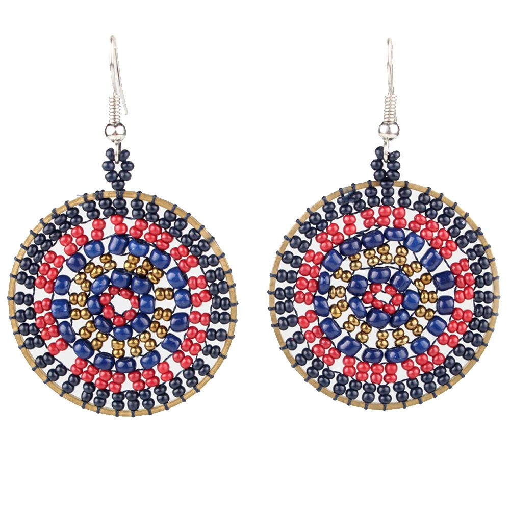 

Claire Jin Round Shape Pure Handmade Small Beads Bohemian Ethnic Earrings for Women Vintage Jewelry Multi Colors Drop Earring
