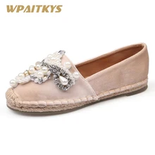 Изысканная женская обувь на плоской подошве, абрикосового и черного цвета, украшенная бусинами, украшенная стразами и жемчугом, повседневная женская обувь большого размера