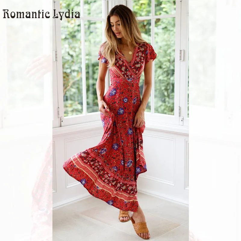 

Women Summer Boho Chic Dress Sundress Floral Printed Party Split Beach Long Maxi Dress