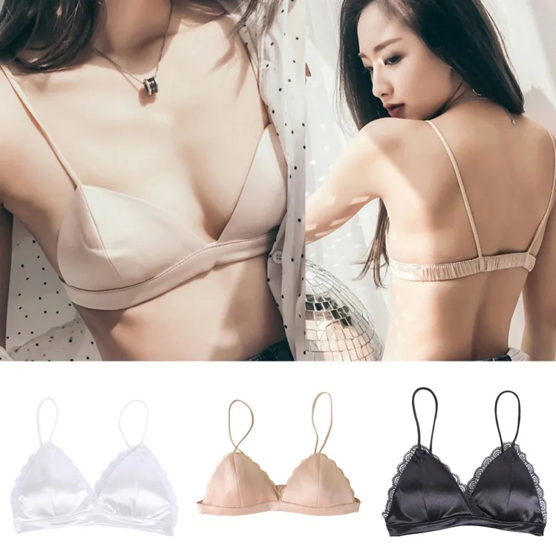 

2018 Sexy Ladies Triangle Bra Push Up 3/4 Cup Bras White Silk Bralette Comfortable Wireless Women Bra Lace Patchwork Bralette