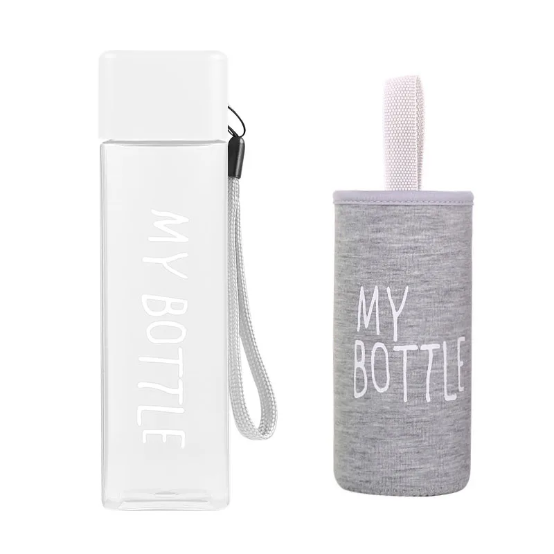 Новые пластиковые бутылки для воды 500 мл My bottle для воды с веревкой, прозрачная Квадратная бутылка для напитков, спортивный корейский стиль, термостойкая - Цвет: white and sleeve