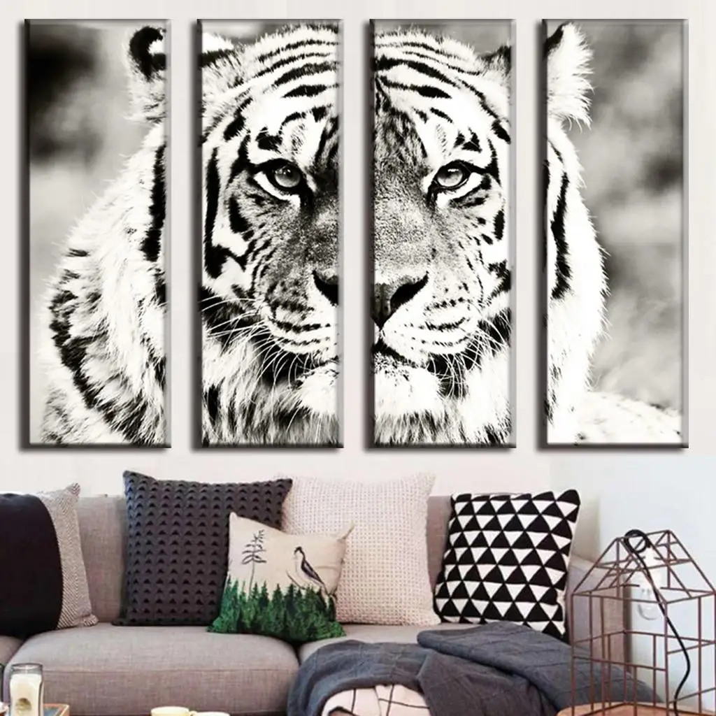 4 Pcs/Set Modern Animal Canvas Print Charming White Tiger Wall Art Top