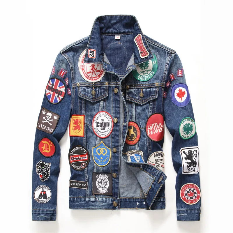 

New arrival high quality trendy denim jacket men spliced badges embroidery skulls slim jackets blue hip hop streetwear homme