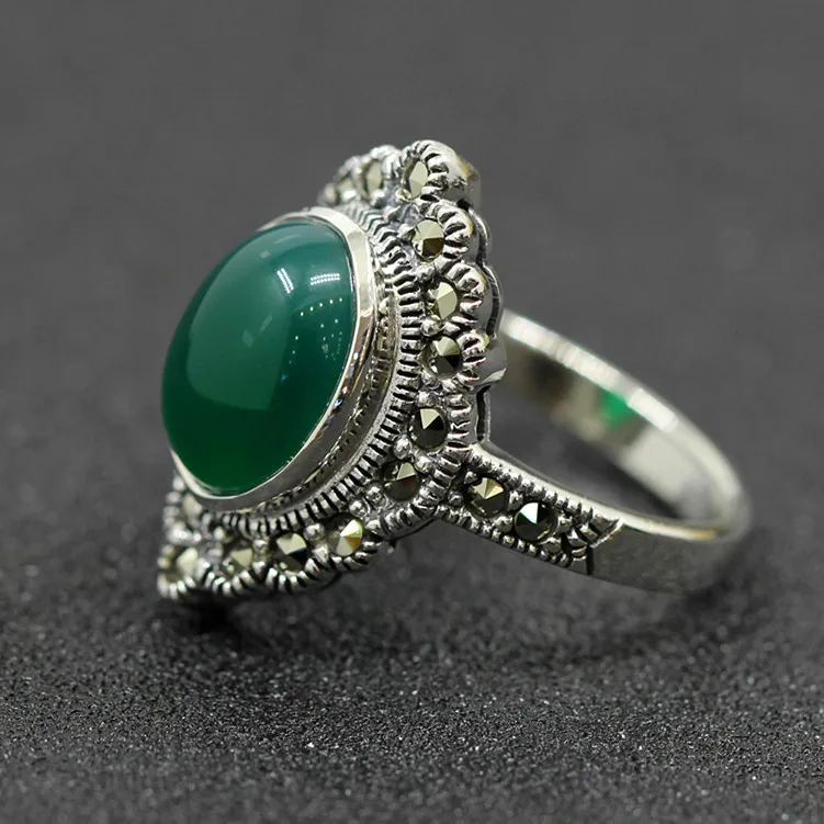 925 ювелирные изделия из серебра Винтаж зеленый натуральный камень тайский серебряный женский королевский ветер кольцо богатый