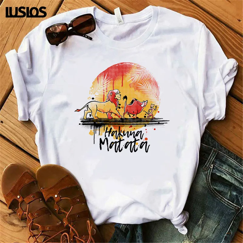 

LUSLOS Cute Summer T Shirt For Women HAKUNA MATATA Femme Cartoon Tshirt Casual Round Neck Female Harajuku Streetwear T-shirts