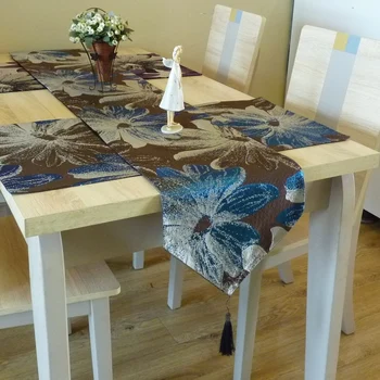 

DUNXDECO Table Runner Silk-look Jacquard Big Purple Blue Flora Long Table Cover Fabric Modern Home Party Table Decoration Fabric