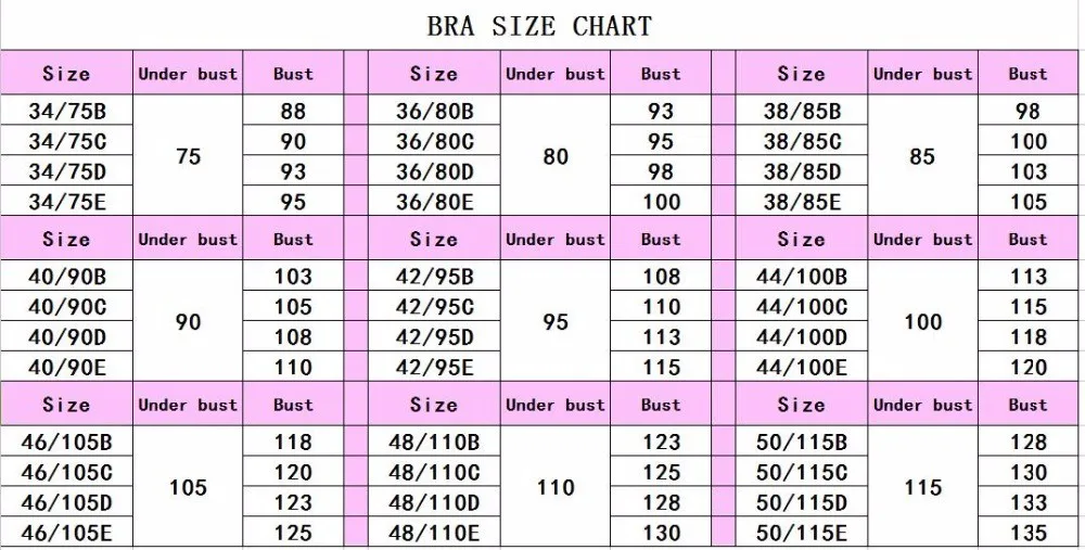 Bra Size Chart Pink