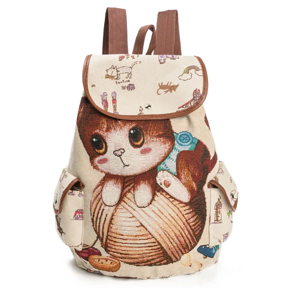 

DESIRABLE Casual Canvas Backpack Women Cartoon Cat Printed safe Drawstring Portable Backpack Teenager Large Capacity School Bag