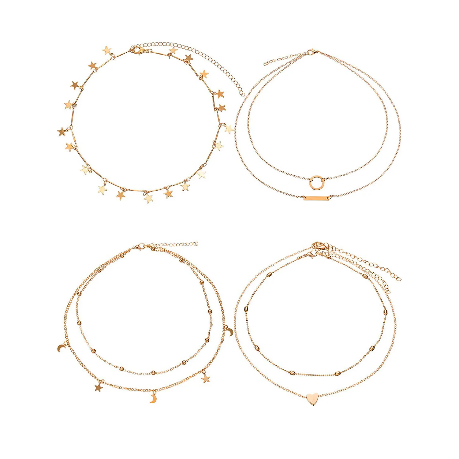 

4 Pcs/ Set Handmade Multi-layer Chain Necklace for Women Fashion Heart Star Pendant Clavicle Necklace Set A021