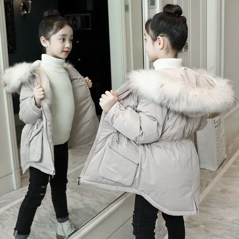 New Girls Winter Jacket Children Fashion Fur Collar Cotton Coats Teenage Thick Outwear Hooded Warm Parka kids Clothes W97