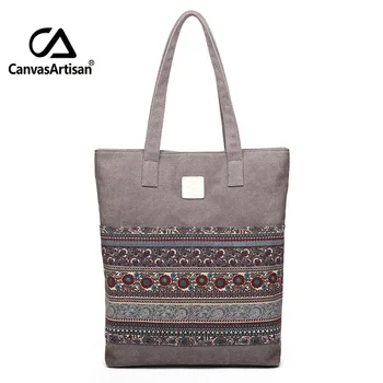 

Canvas Women Handbags Floral Printing Vintage Female Shopping Shoulder Bag Zipper Closure Tote Hand Bags National Style Bolsas