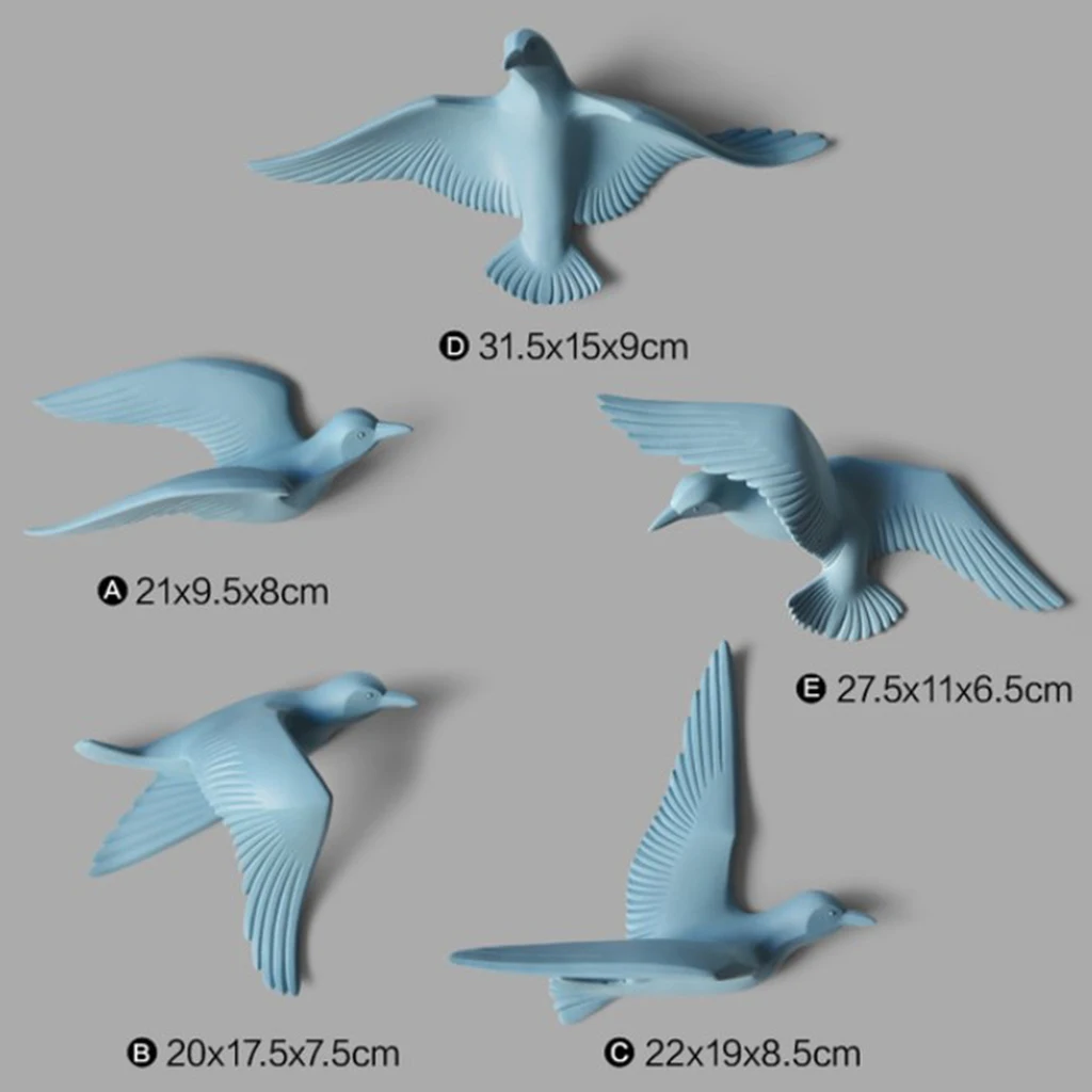 5pcs Nautical Resin 3D Birds Wall Art Murals Flying Seagull Sculpture Bedroom Wall Stickers DIY Home Hotel Decor Blue