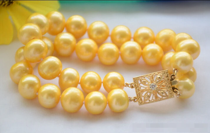 

shipping2strands 12mm ROUND golden Freshwater cultured PEARL bracelet 8inch (Z6467) 5.25