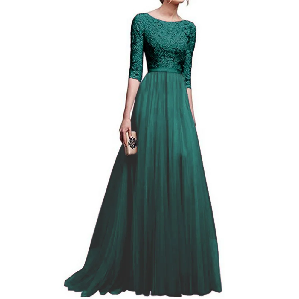 New elegant half sleeve chiffon lace stitching floor-length women party prom evening red long dress female clothing clothes - Цвет: cyan