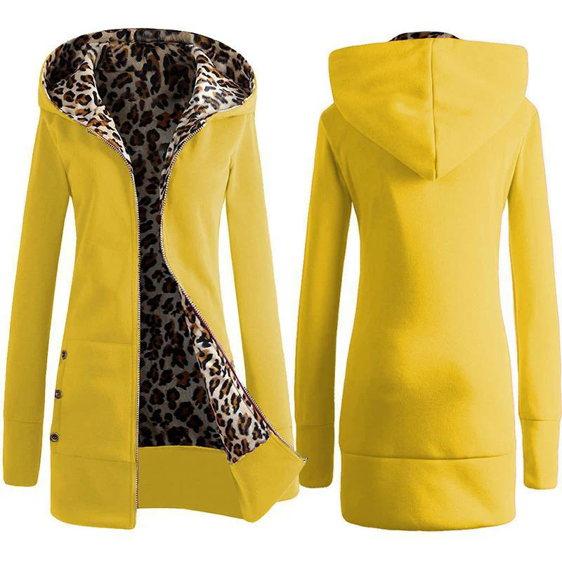 

New Arrival Autumn Winter Women Woollen Coat Long Sleeve Leopard Zipper Hooded Long Sleeves Fleece Lined Slim Fit Outwear