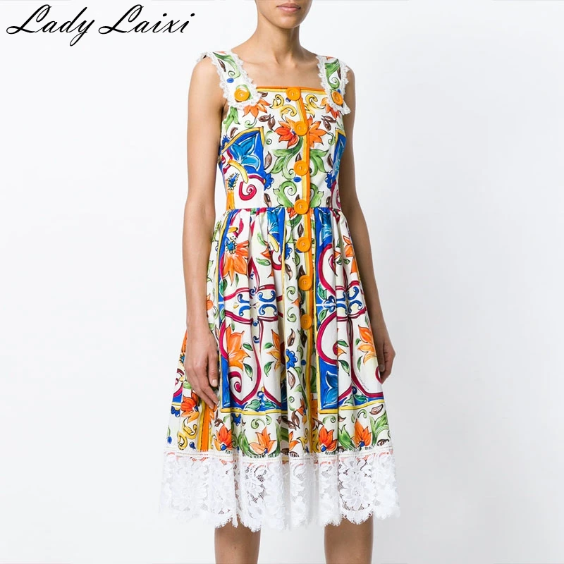 

Runway Designer Dress High Quality New Summer Women Strap Floral Printed Button Lace Patchwork Dress Party Dresses