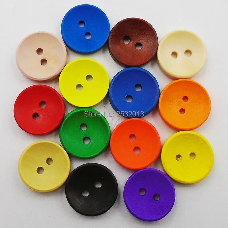 

Free Shipping Mixed 100 pcs 14 Colors 15mm Dyed Wood Button Sewing Scrapbooking Crafts Handmade 2 Holes Kids Candy Color Buttons
