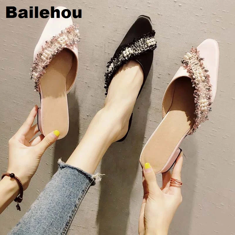 Bailehou/Новинка; женские тапочки без шнуровки; женские туфли без задника с острым носком на низком каблуке; брендовая Уличная обувь на плоской подошве с жемчужинами; женская повседневная обувь; Chaussure