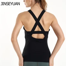 JINSEYUAN со встроенным бюстгальтером для фитнеса, женский дышащий Топ для йоги, сексуальный эластичный спортивный топ с открытой спиной, энергетическая быстросохнущая майка для тренажерного зала