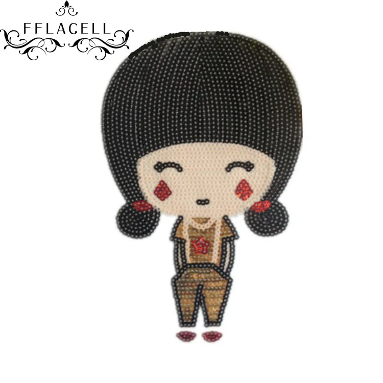 

FFLACELL 1pc Fashion appliques patches sew on bag DIY decorative sequined embroidery smile girl patches for clothing