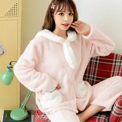 Зимняя фланелевая домашняя одежда для женщин толстые теплые пижамы Pijama комплект прекрасный мультфильм пижамы с длинным рукавом Ночное