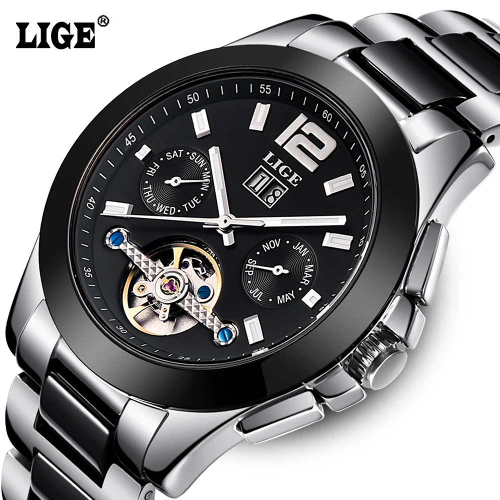 Fashion Luxury Brand LIGE font b Men b font Watch Tourbillon Hollow Calendar Automatic font b