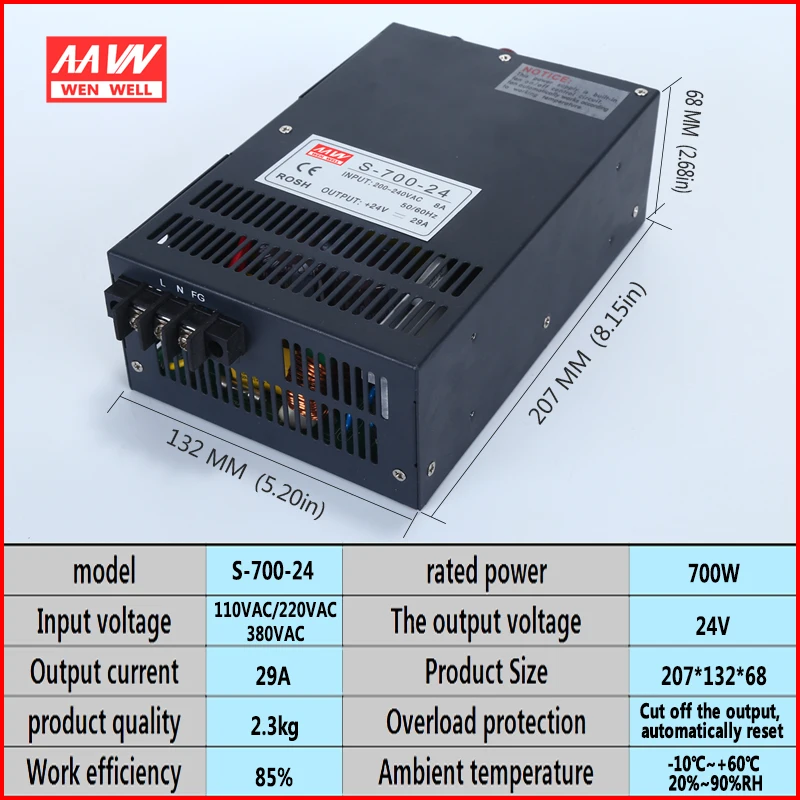 Импульсный источник питания светодиодного табло S-700W-24V в, 12 В, 36 В, 48 В, 600 Вт мониторинг светодиодный светильник с светильник коробка трансформатор постоянного тока