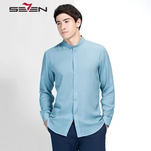 Seven7 Высокое качество Мужские льняные рубашки с длинным рукавом чистый синий Повседневный Slim Fit Мужской Мандарин Воротник Рубашки Плюс Размер 112112a39040