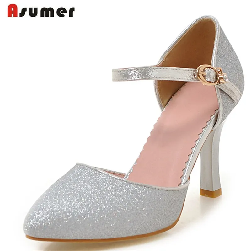 

Asumer 2017 New arrive wedding shoes birde buckle shallow high heels shoes woman big size 34-43 elegant women sandals