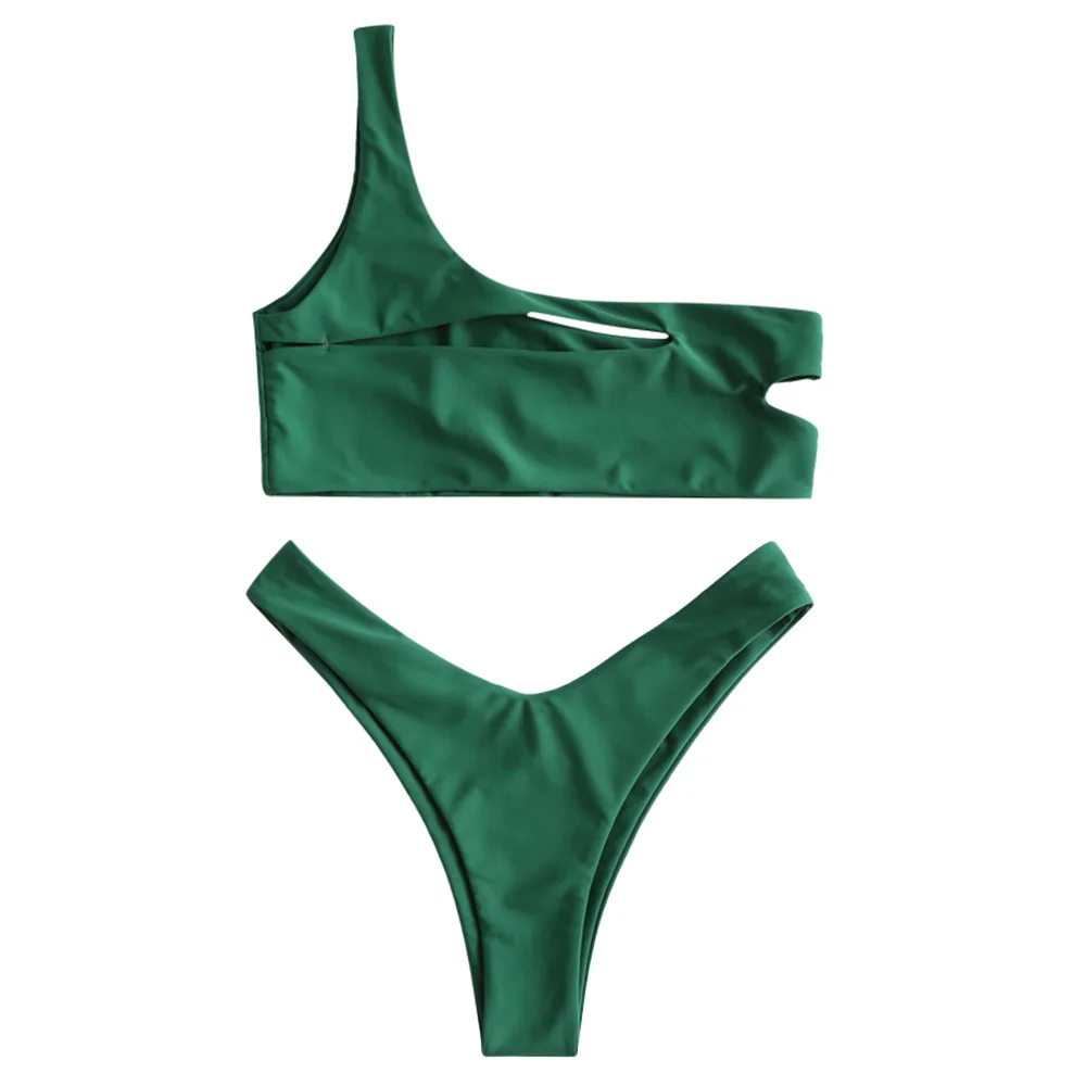 ZAFUL одно плечо Вырез высокая нога бикини набор пляжная одежда купальный костюм стринги бикини набор - Цвет: Medium Sea Green