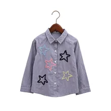 Г. новые весенние детские рубашки для девочек хлопковая рубашка в полоску с длинными рукавами От 4 до 8 лет с лацканами в Корейском стиле со звездами