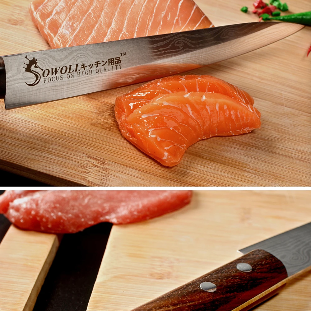 SOWOLL лазерный дамасский нож шеф-повара японские лососевые ножи для суши из нержавеющей стали сашими кухонный нож сырой рыбы филе слоев нож