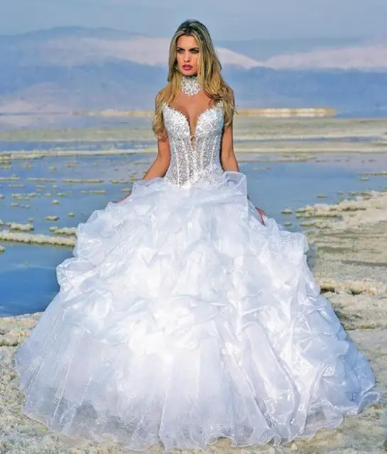 Free Shipping 2015 New Fashionable V Neck Wedding Gown White Cheap