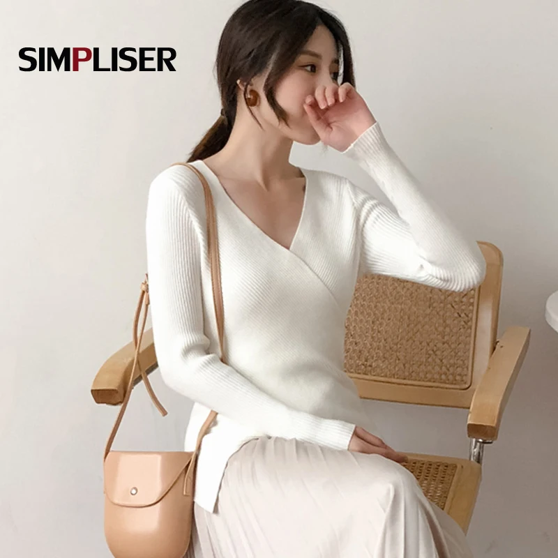 

2019 Women Sexy Deep V-neck Sweaters Knitted Shirts Black White Red Female Pullovers Spring Autumn Knitting Tops Ladies Stretch