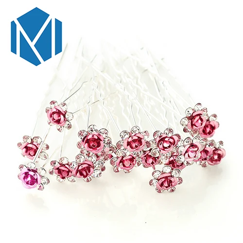 M MISM 20 PCS Bridal Rhinestone Exquisite Rose Flower Hair Pins Girls Wedding Shiny Crystal Bun Maker Tools Hair Accessories - Окраска металла: Pink