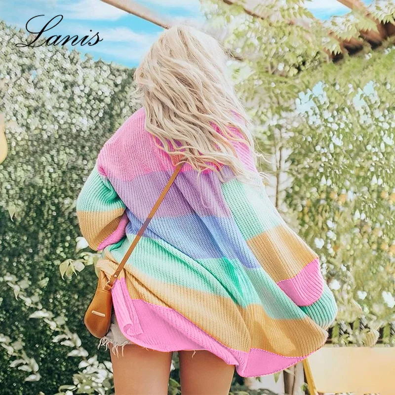 

2018 Autumn New Women's Coloured Rainbow Cardigan Sweater Coat Off Shoulder Sweater Single Breasted Long Cardigans Womens Coats