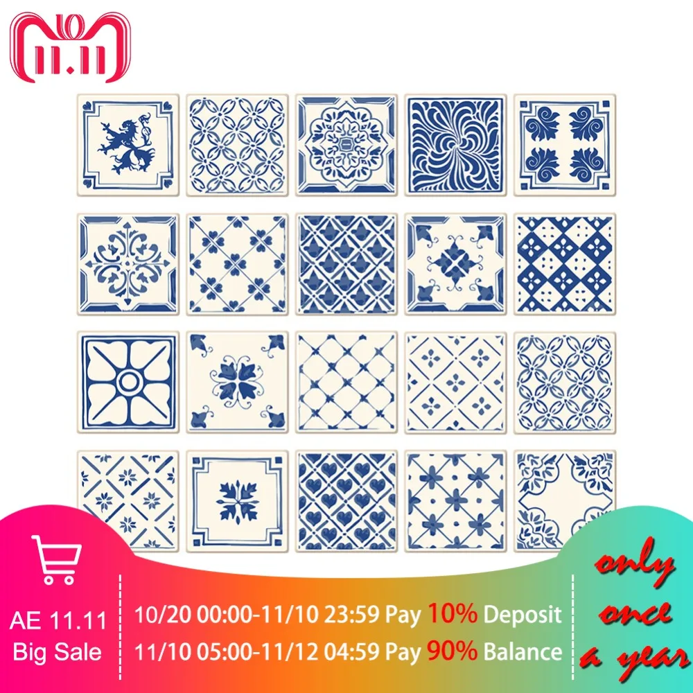 20pcs/set Retro Tile Stickers Living Room Kitchen Waterproof Wall Stickers Bathroom Self Adhesive Removable DIY Wall Decals
