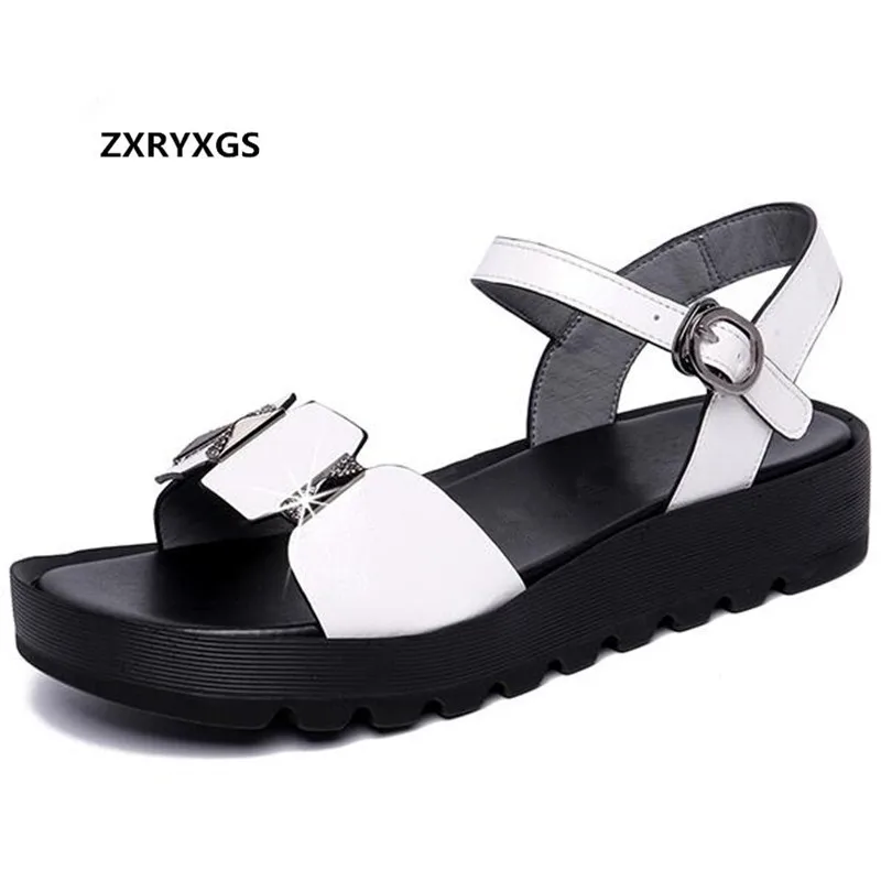 

2019 New Fashion Open Shoes Woman Genuine Leather Sandals Flat Wedge with Thick Bottom Casual Sandals Summer Women Sandals