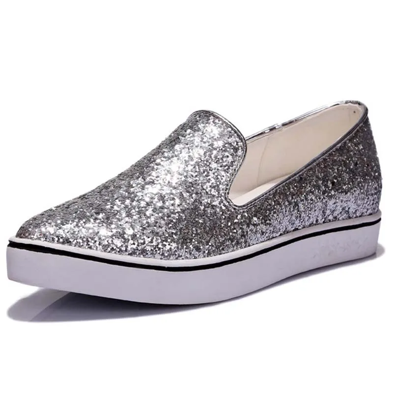 

Shoes Women Hot Size 34-40 Senior PU Sequins Slip-On Round Toe New fashion Black Silver Gold  For Women Casual Shoes