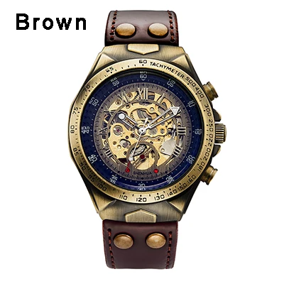 Стимпанк бронзовые автоматические часы мужские механические часы винтажные Ретро кожаные прозрачные часы с скелетом мужские часы montre homme - Цвет: SH188Brown