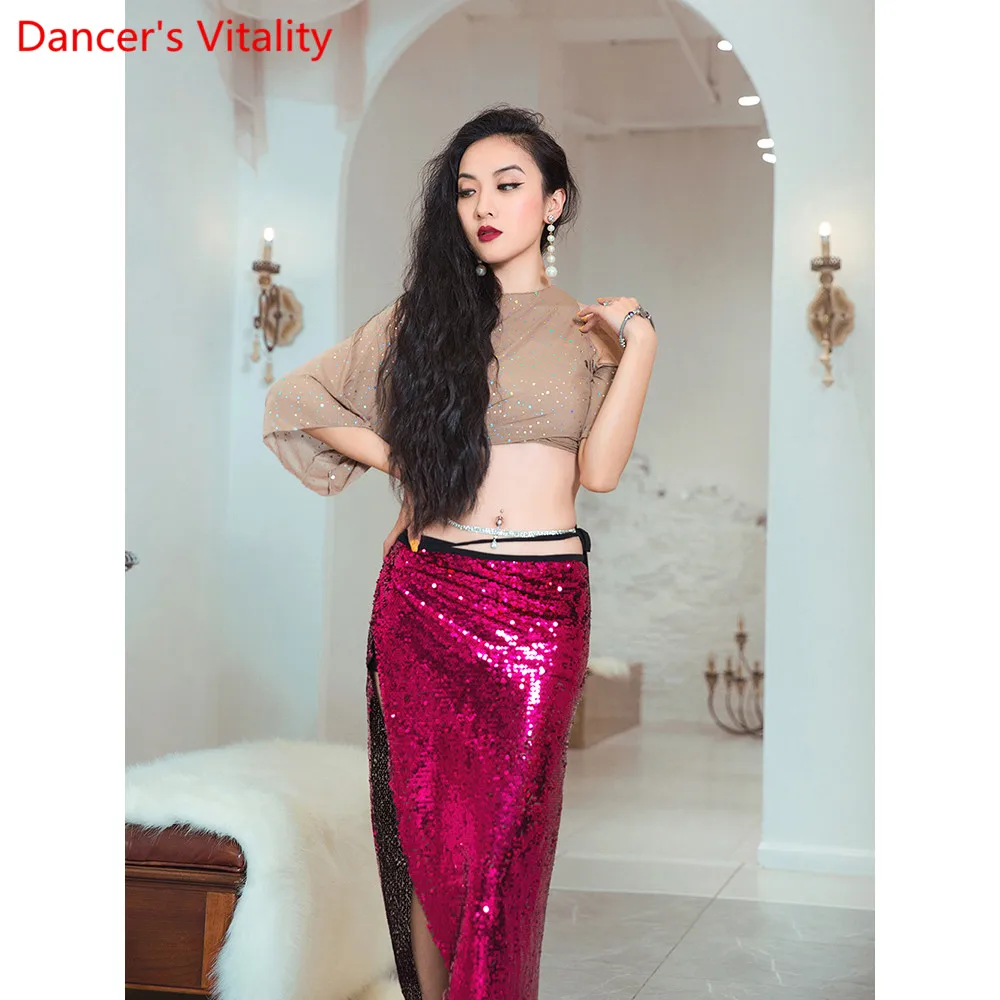 

2019 New Belly Dance Practice Clothes Women Beginner Sequin Hip Scarf Top Summer Oriental Indian Dance Wear Competition Costume