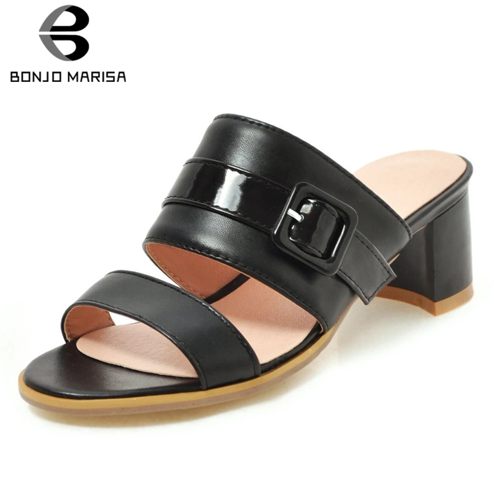 

BONJOMARISA New Bright Summer Mules Women 2019 Large Size 34-43 Buckle Med Heels Slippers Women Casual Shoes Woman