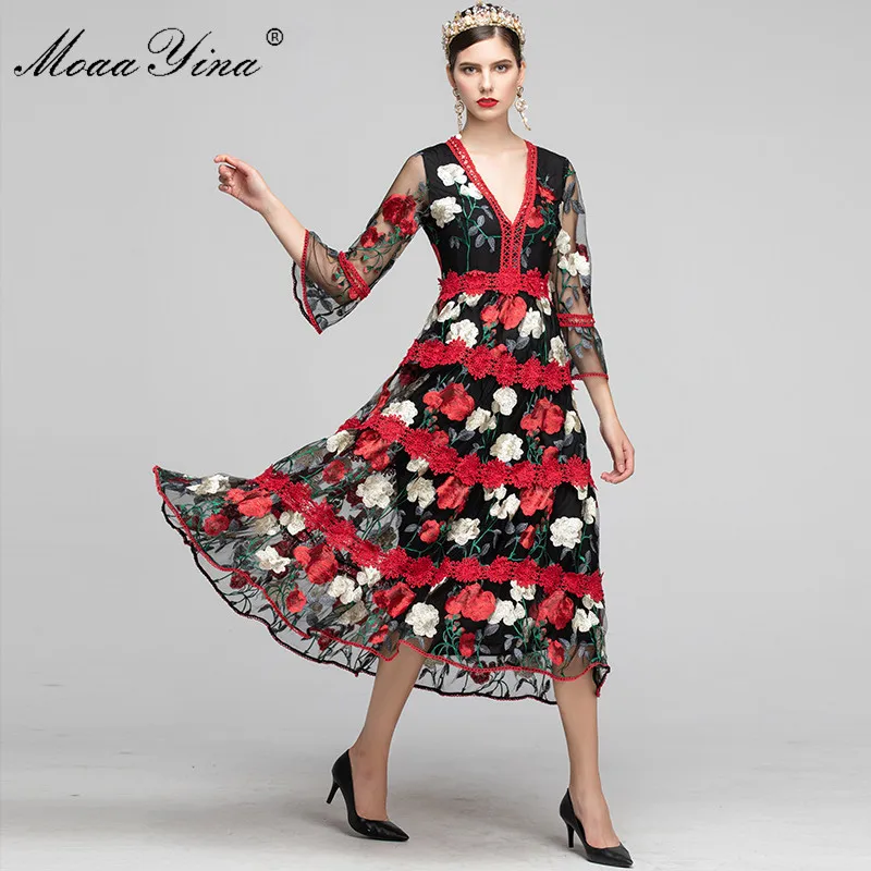 

MoaaYina Fashion Designer Runway Dress Spring Autumn Women Mesh Spliced Floral Embroidered Sexy Elegant Party Dresses