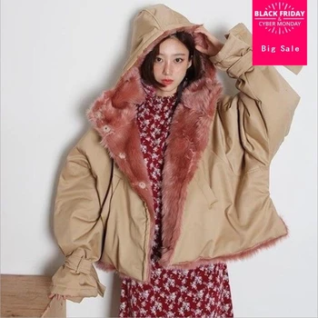

Thick Warm Outwear Faux Fox fur coat women Winter High-end Fashion loose hooded Cotton Wadded Jacket Female Parkas outwear L1299