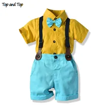Топ и топ, модная одежда для маленьких мальчиков рубашка с короткими рукавами и галстуком-бабочкой+ короткие штаны на подтяжках комплекты детской одежды для мальчиков