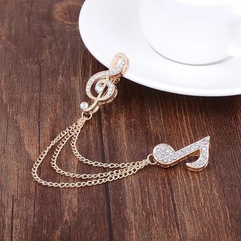Chic Crystal Note Brooch Pin Collar Neck Tips Tie Pins Chain Rhinestone