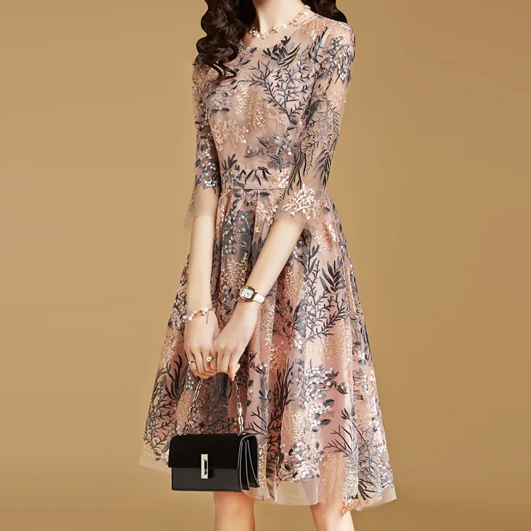 Высокое качество Sim элегантное платье женское летнее стильное платье с рукавом три четверти милое Сетчатое платье с цветочной вышивкой RE2134 - Цвет: Розовый